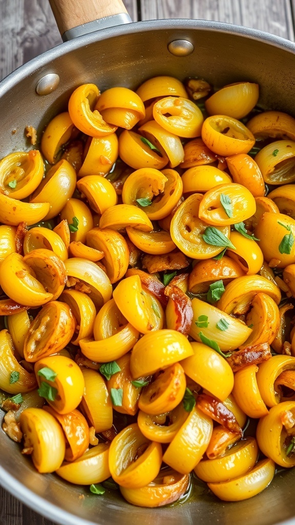 Sautéed yellow onions in a skillet, golden brown and garnished with herbs.